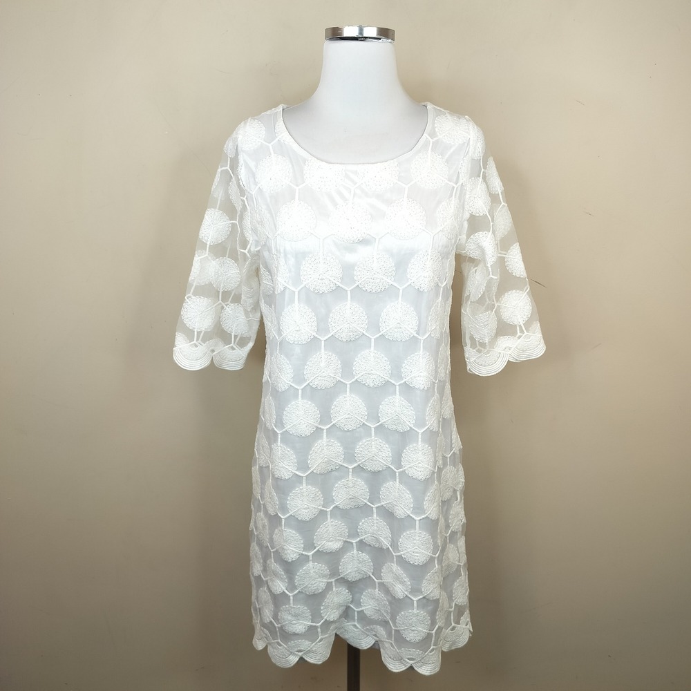 Tracy Negoshian White Embroidered Lace Mini Dress Womens Medium Scalloped Hem